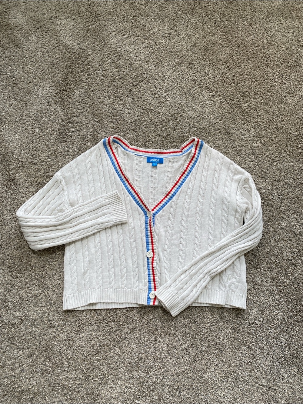 Prince Pickleball Cream Cable Knit 100% Cotton Cardigan Red & Blue Varsity Trim